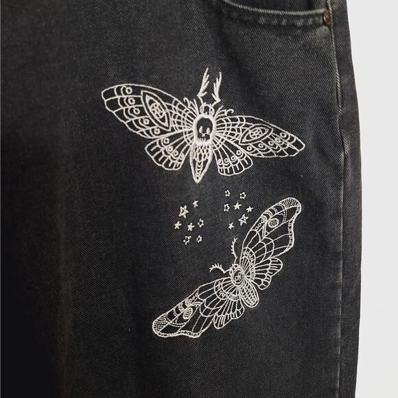 Disturbia Thysania Wide Leg Jeans 38 US 16 Embroidered Death Head Moth Goth Alt - Picture 3 of 9